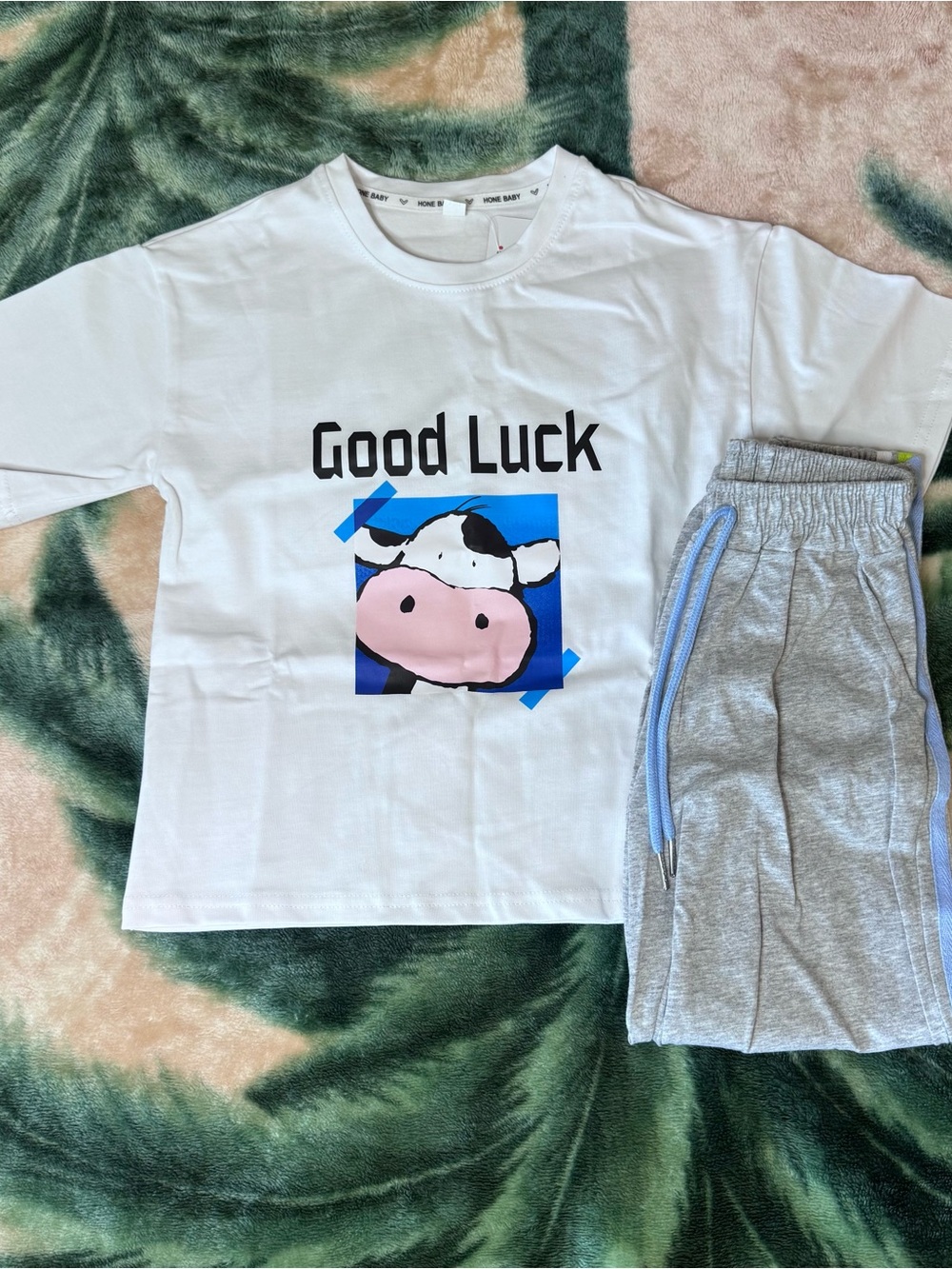Kids White 'Good Luck' Cow Print Pajama Set with Gray Pants